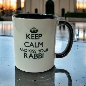 Keep Calm And Kiss Your Rabbi Mug Jewish Religious Humorous Gift Black White